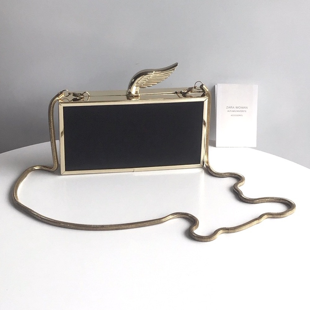 Zara wing feather Black and Gold Clutch chain purse